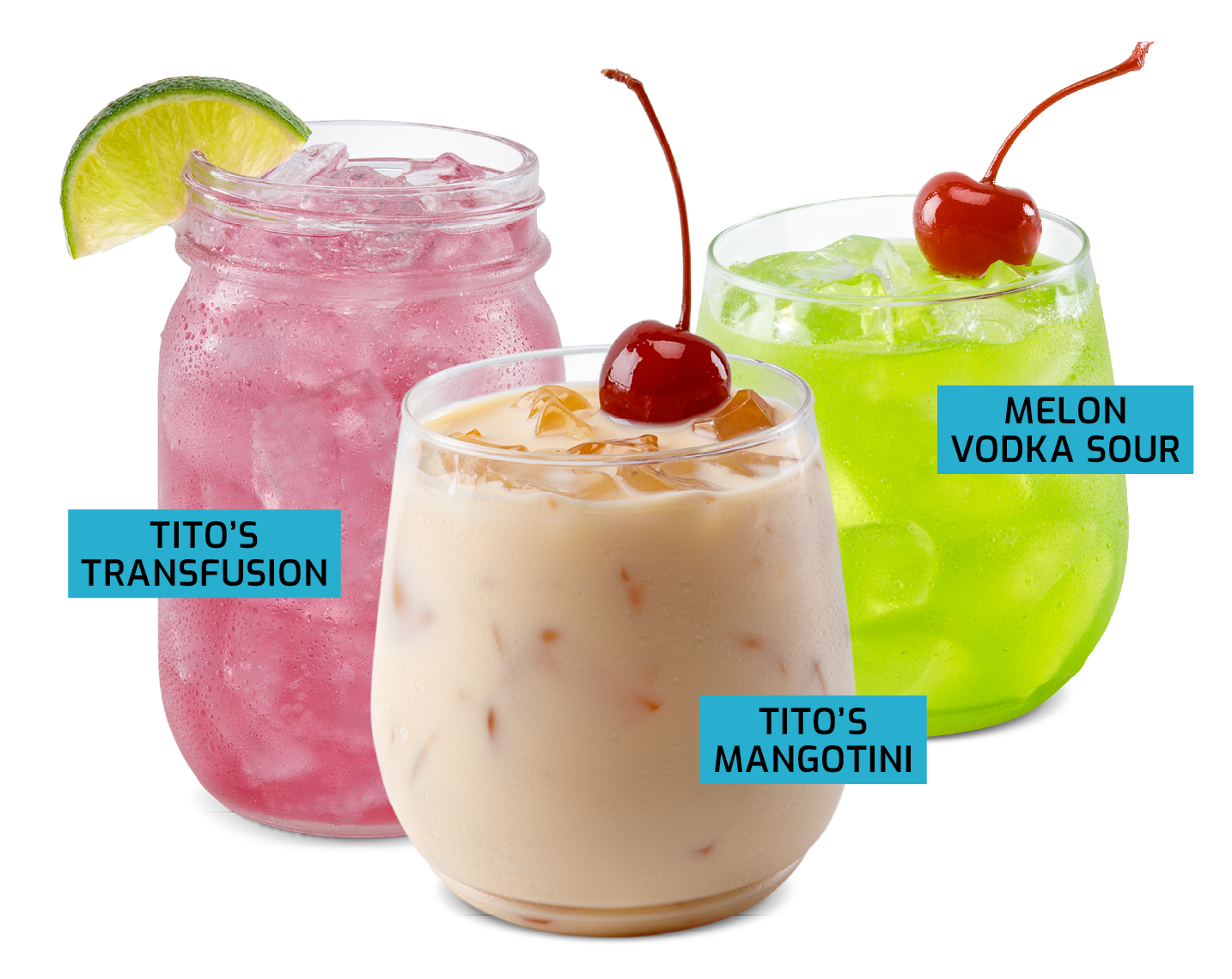 picture of titos transfusion, titos mangotini and mellon sour vodka